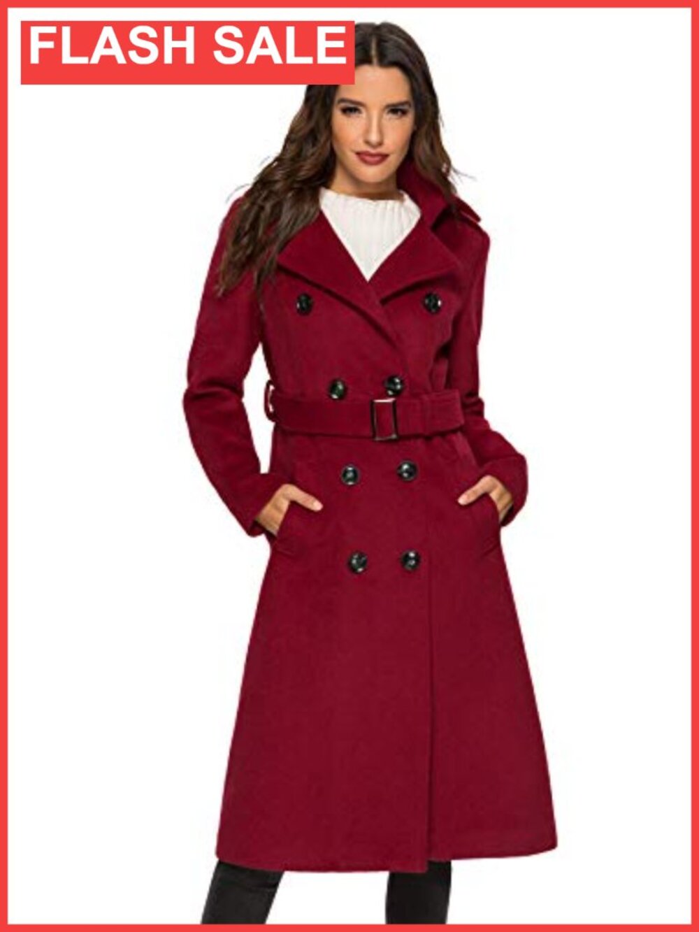 Wool Trench Coat Double Breasted Pea Coat Winter Long with Belt